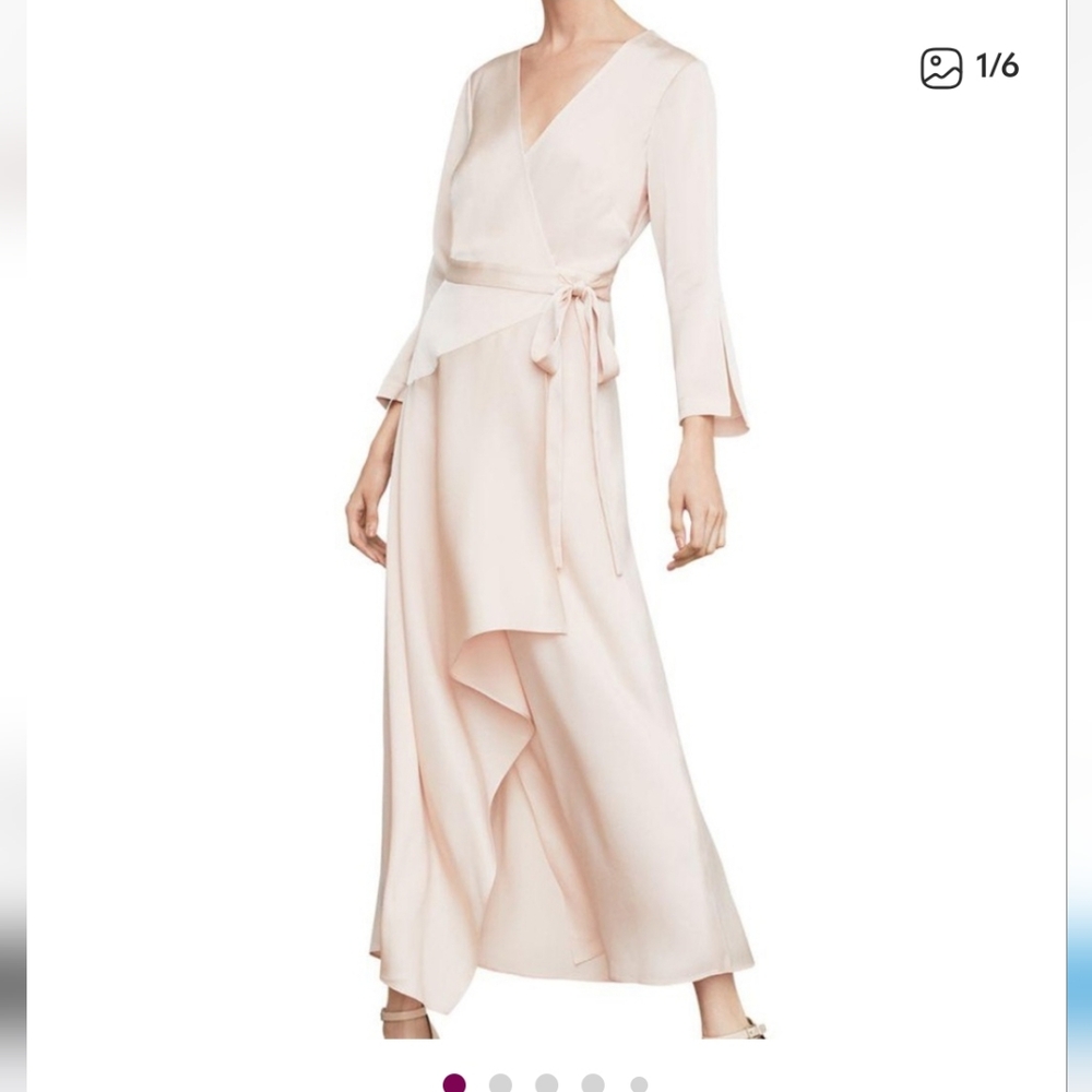 BCBGMaxAzria Blush/Light Pink Satin Long Sleeve Wrap Dress